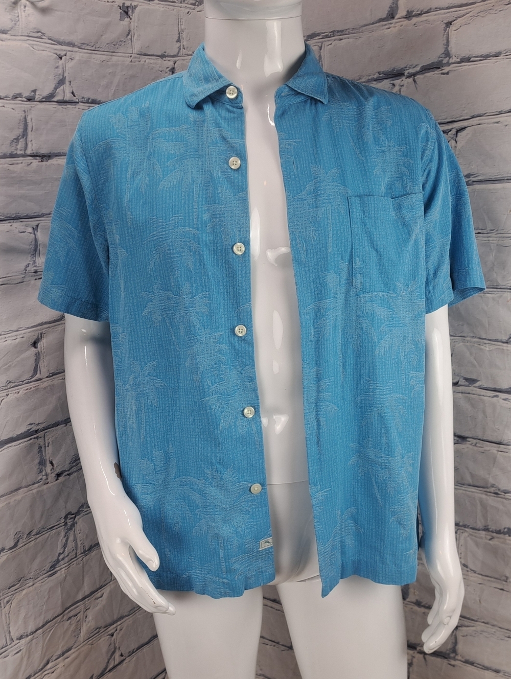 Tommy Bahama Men's Button Down Shirt S/S 100% Silk Blue Tropical Palm Medium